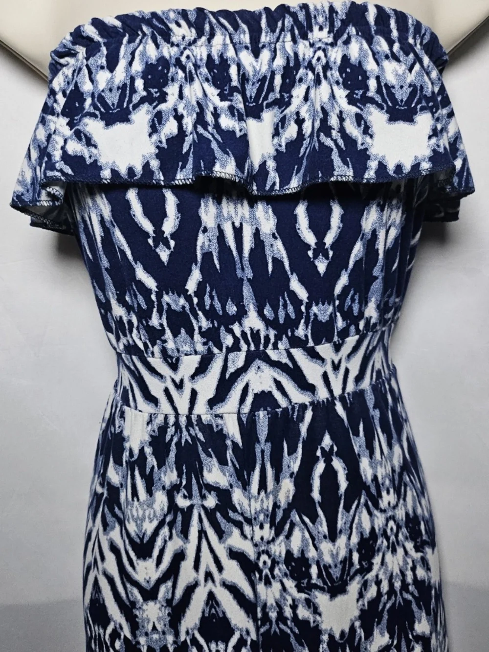 Rue 21 Blue White One Piece Strapless Jumpsuit Tie Back Ikat Abstract Print Sz S
